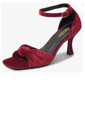 Pazzion Wine Red Bows Square Toe Sandals Soft Velvet Mid Heel Ankle Strap Shoes
